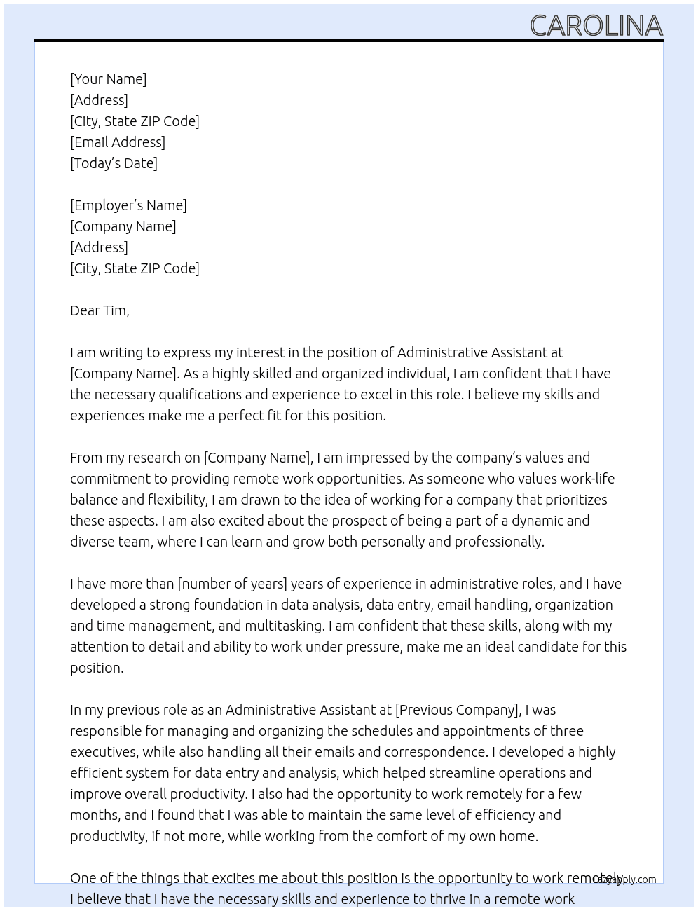 Administrative Assistant At remote work Cover Letter