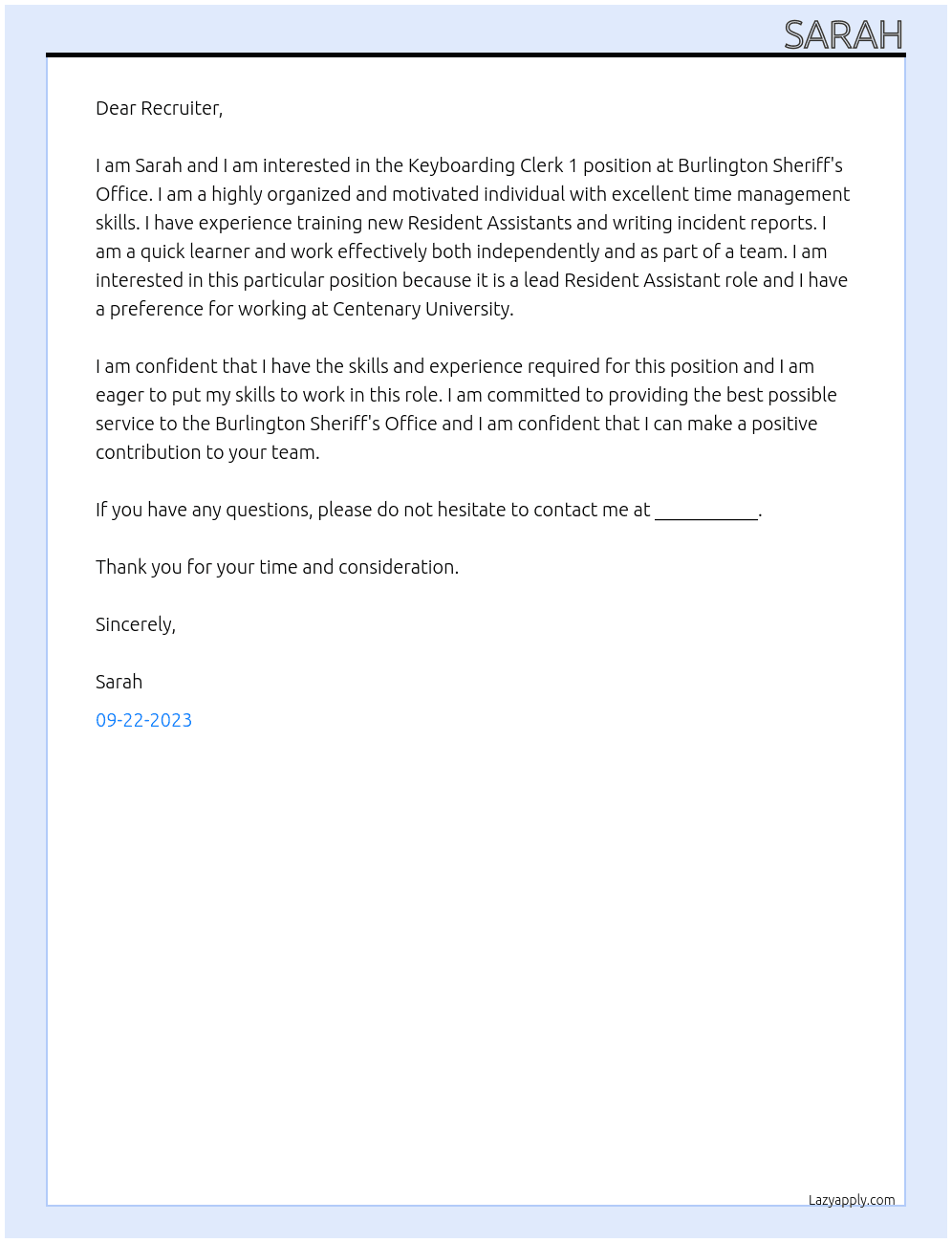 Keyboarding Clerk 1 At Burlington Sheriff's Office Cover Letter