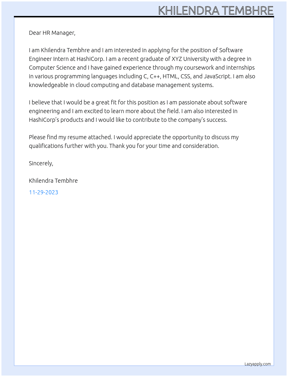 Software Engineer Intern At HashiCorp Cover Letter