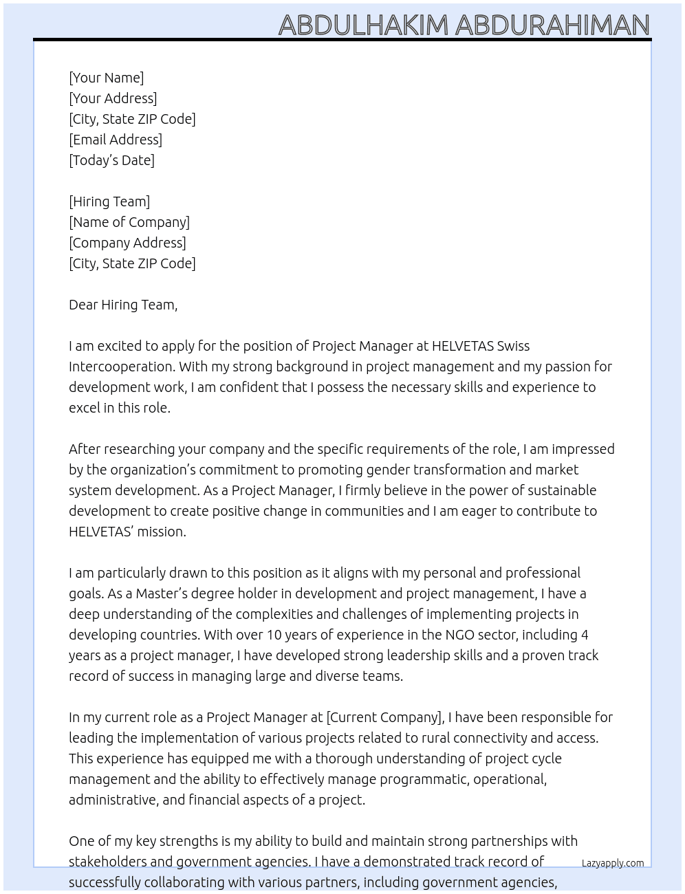 Project Manager At HELVETAS Swiss Intercooperation Cover Letter