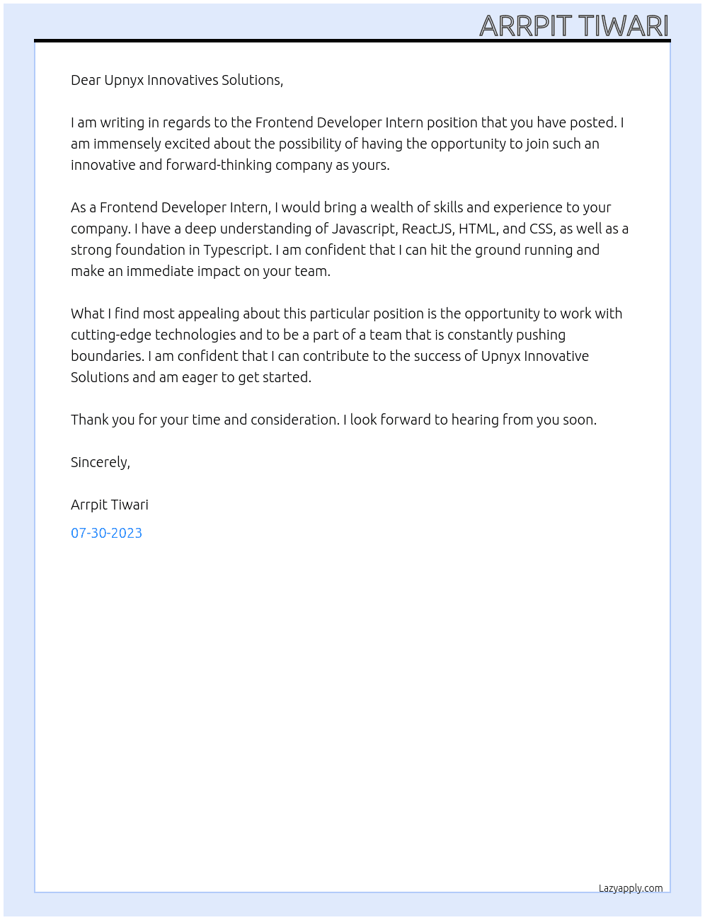 Frontend Deeveloper Intern At Upnyx Innovative Solutions Cover Letter