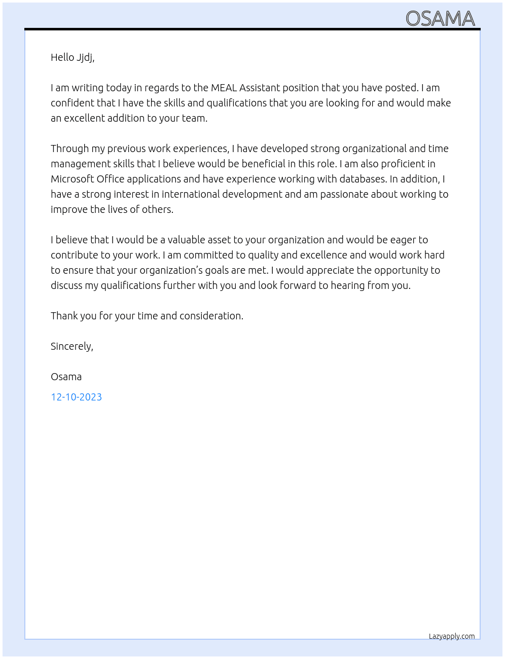 MEAL Assistant At Jjdj Cover Letter