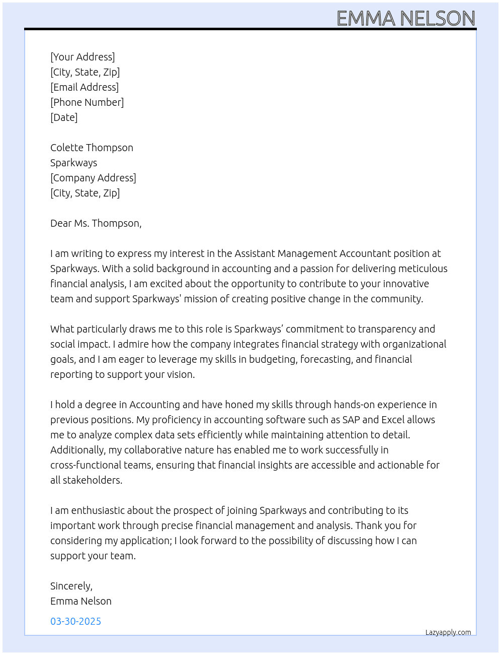 Cover letter for assistant management accountant - LazyApply