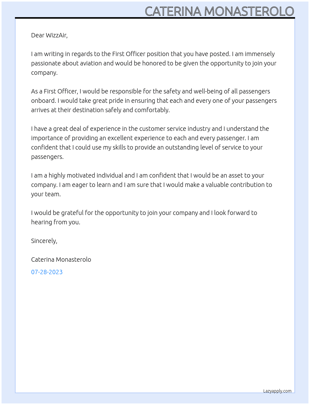 First Officer At WizzAir Cover Letter