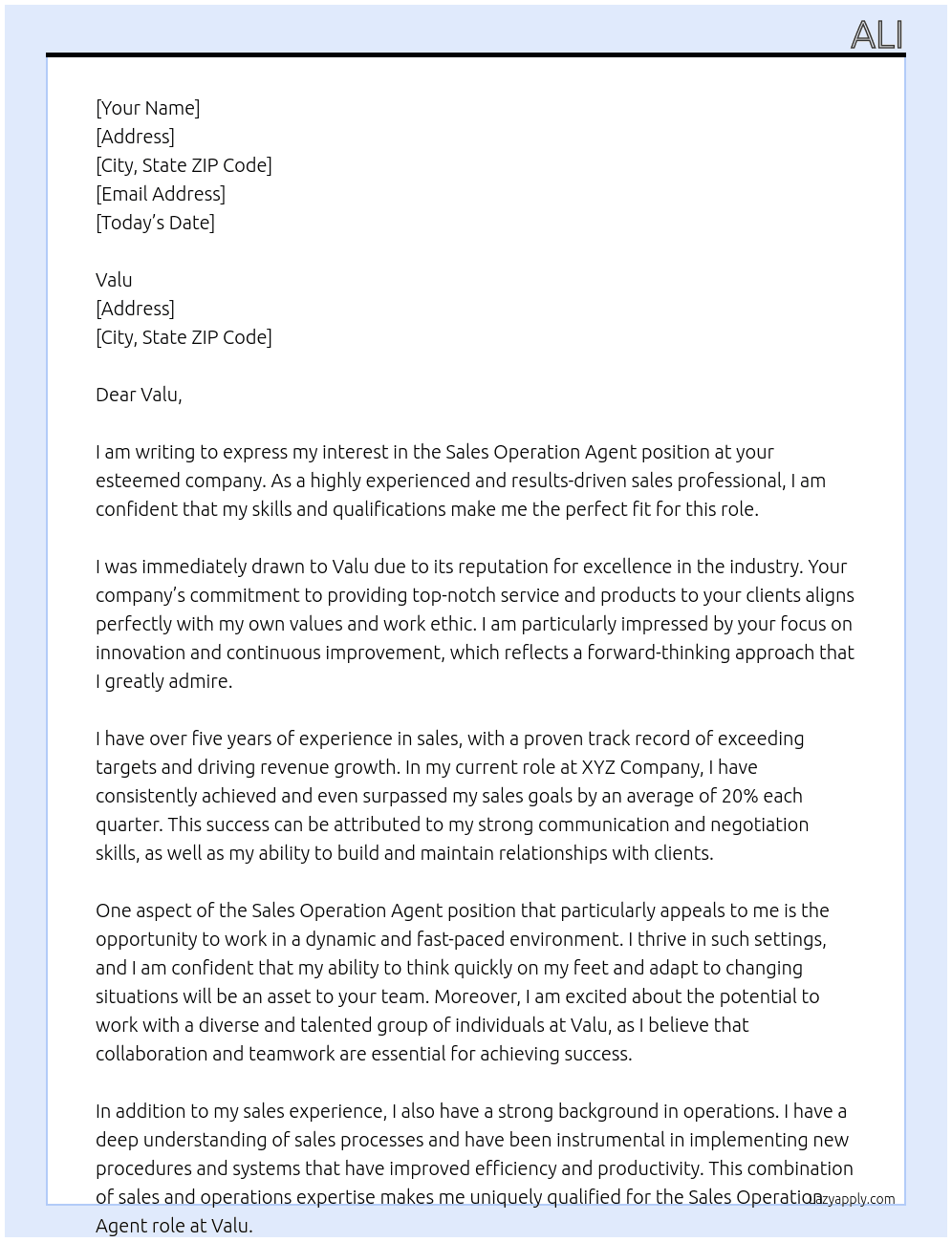 sales operation agent At Valu Cover Letter