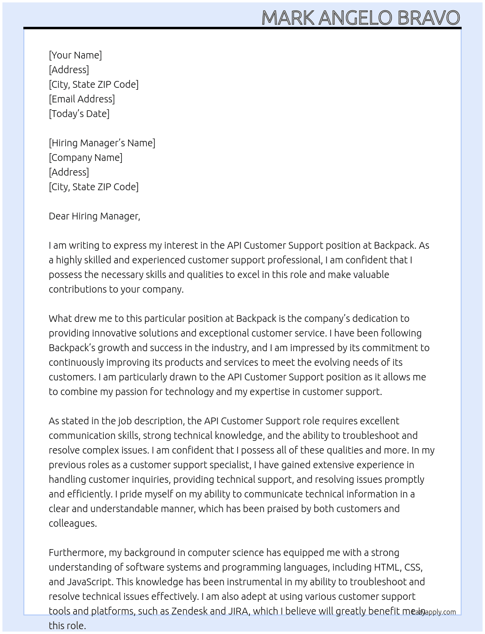 API Customer Support At Backpack Cover Letter