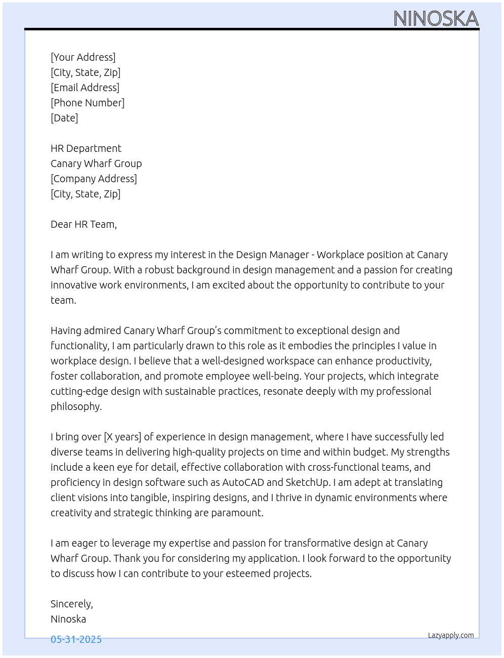 Cover letter for design manager workplace - LazyApply