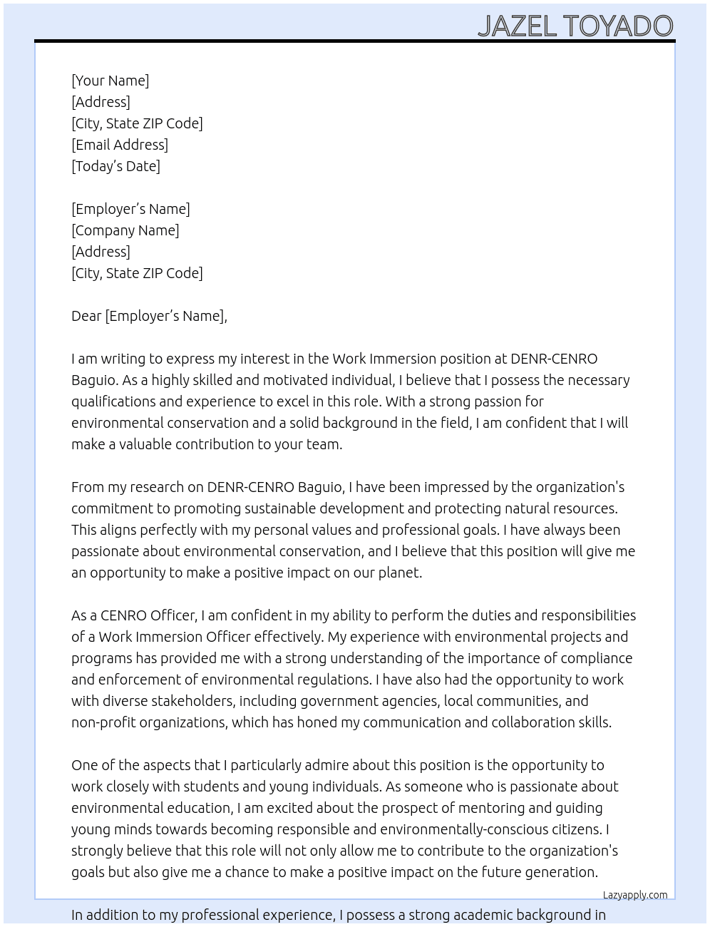 Work Immersion At DENR-CENRO BGUIO Cover Letter