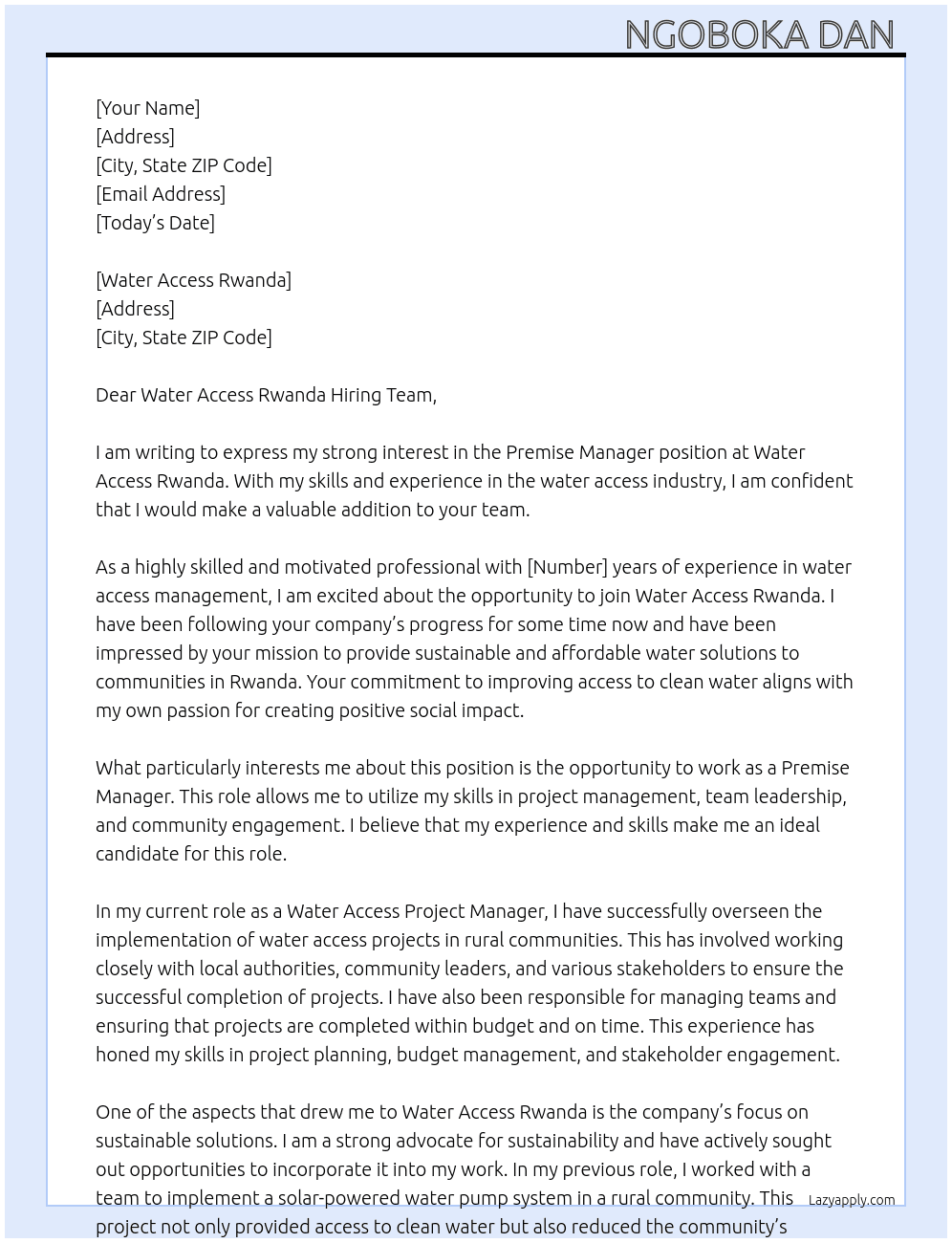 Premise manager At Water access Rwanda Cover Letter