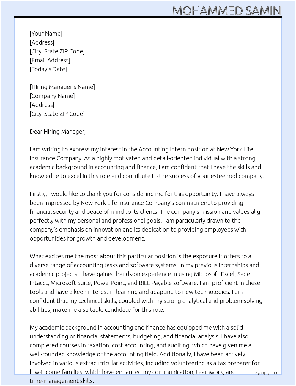 Accounting Intern At New York Life Insurance Company Cover Letter