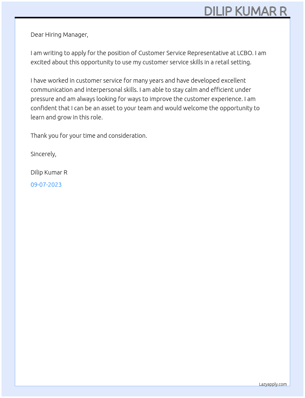 Customer Service Representative At LCBO Cover Letter