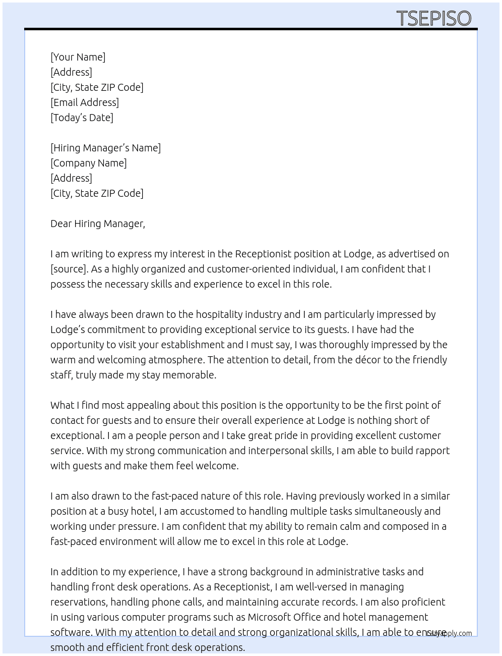 Receptionist  At Lodge Cover Letter