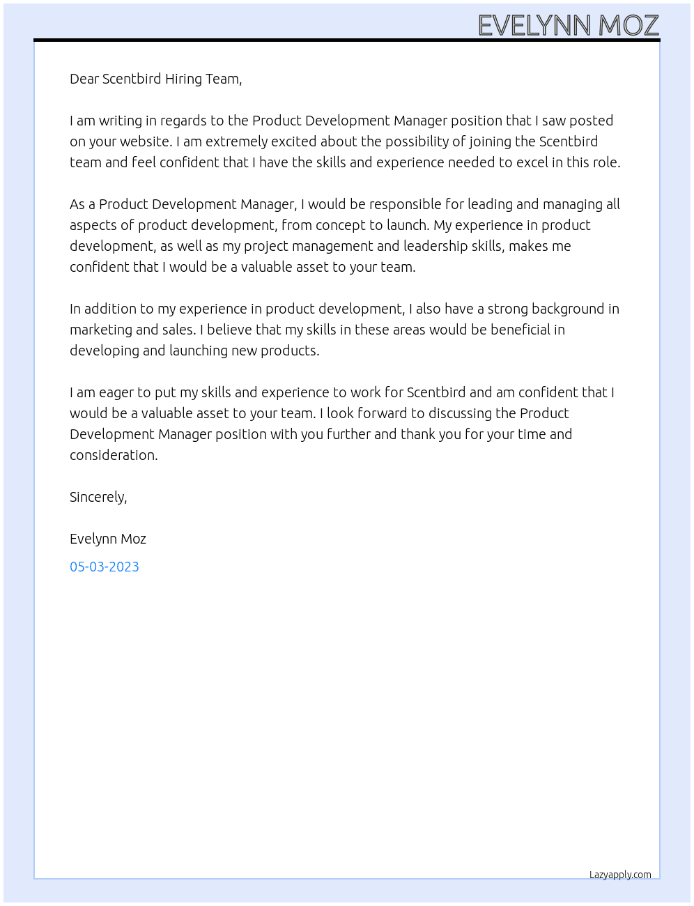 Product Development Manager At Scentbird Cover Letter