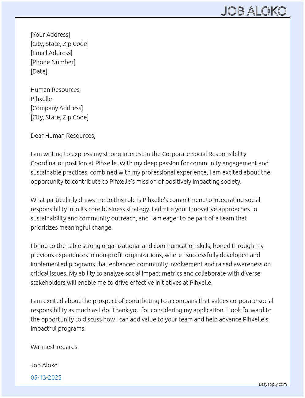 Corporate social responsibility coordinator  At Pihxelle Cover Letter