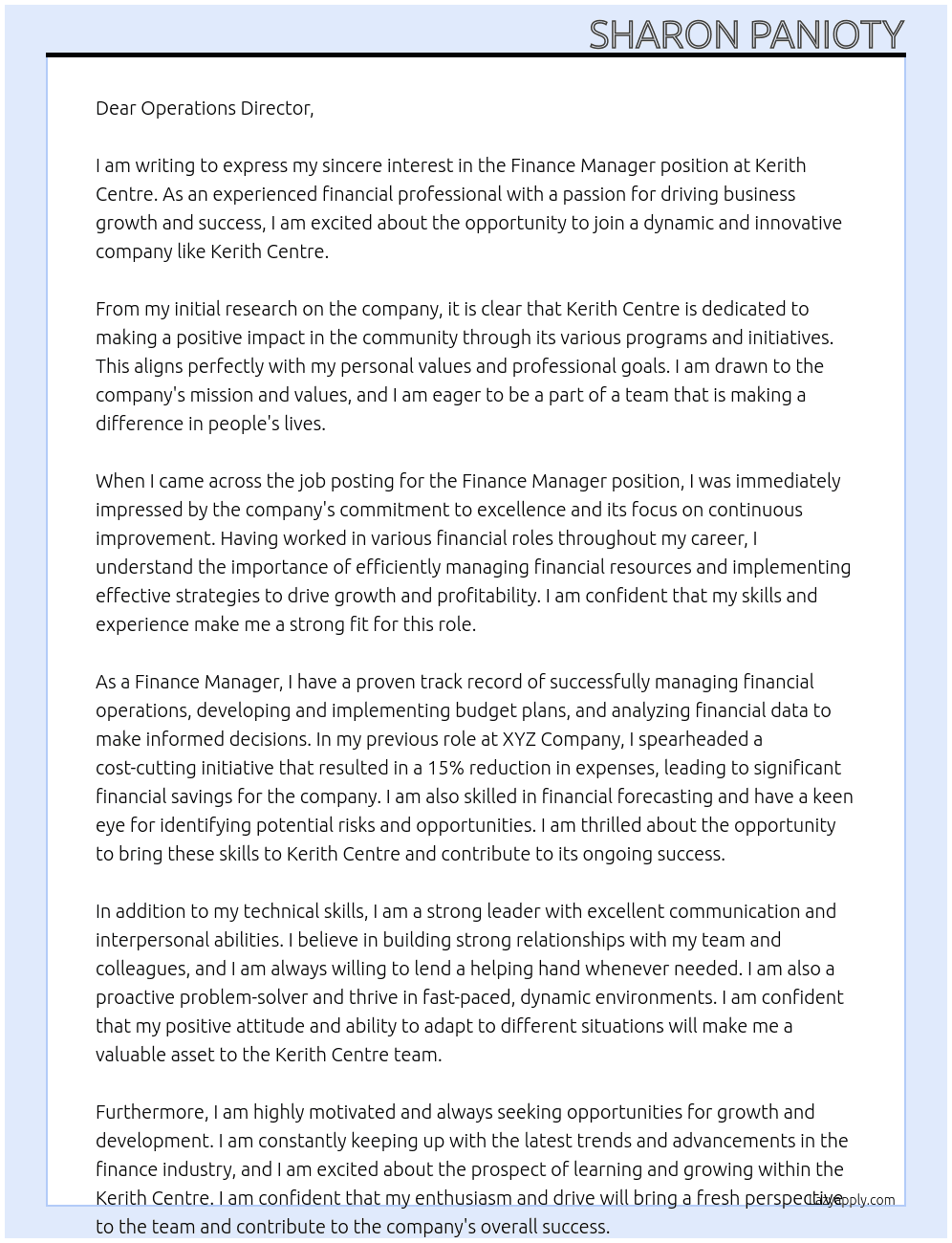 Finance Manager At Kerith Centre Cover Letter