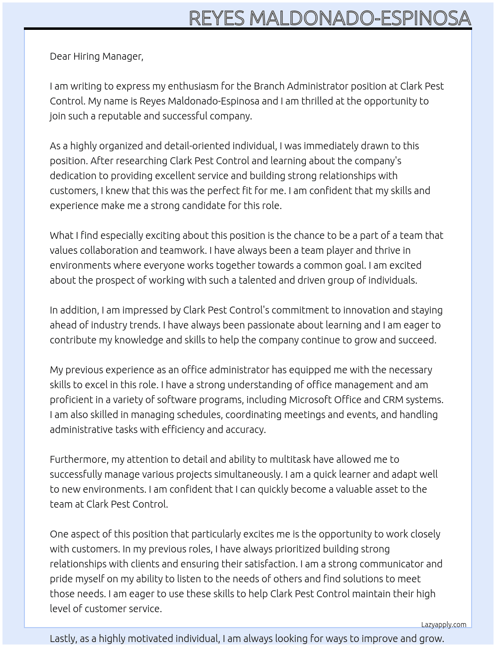 Branch Administrator At Clark Pest Control Cover Letter