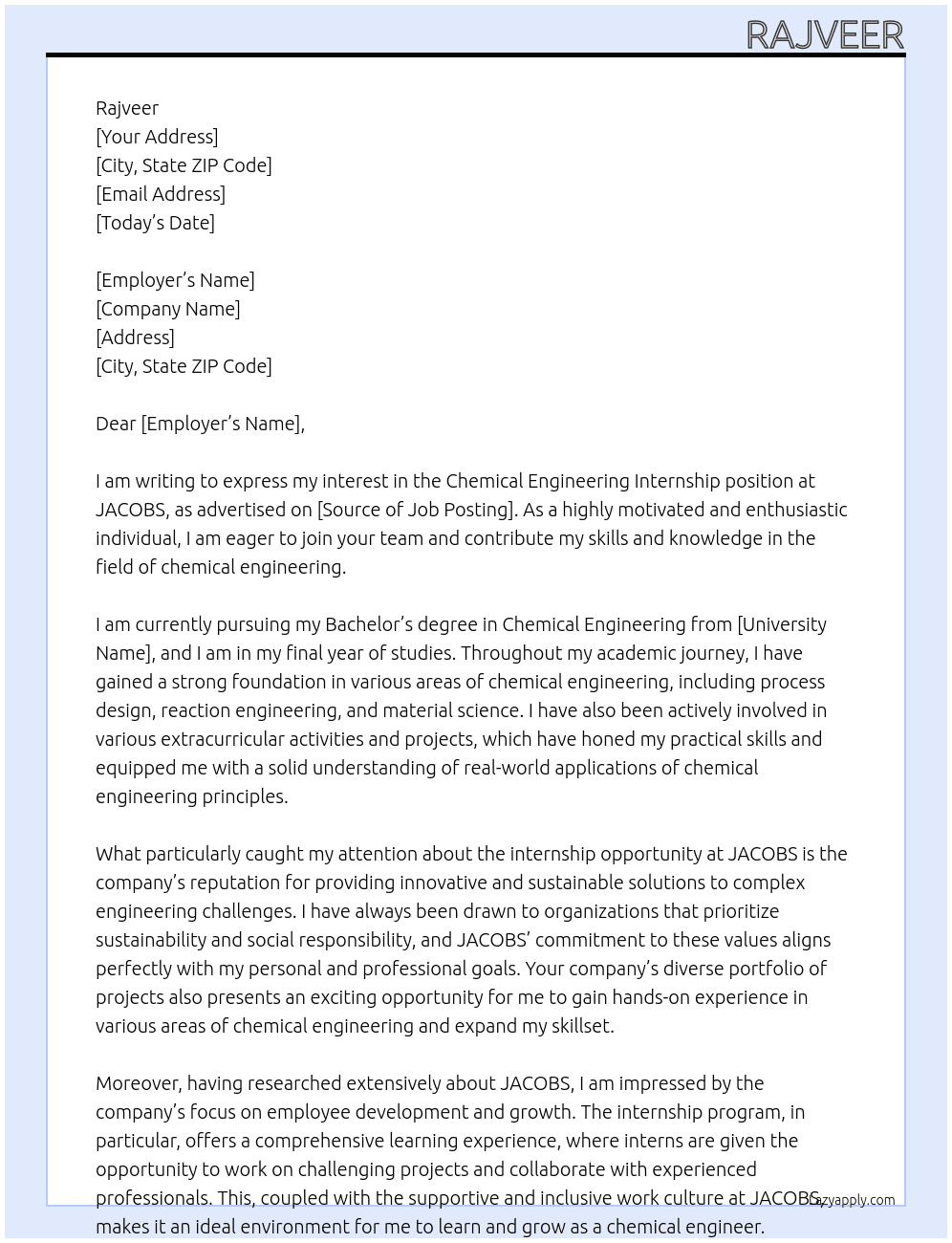 Cover letter for chemical enginnering onternship - LazyApply