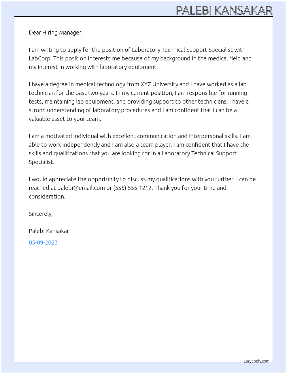 Laboratory Technical Support Specialist At LabCorp Cover Letter