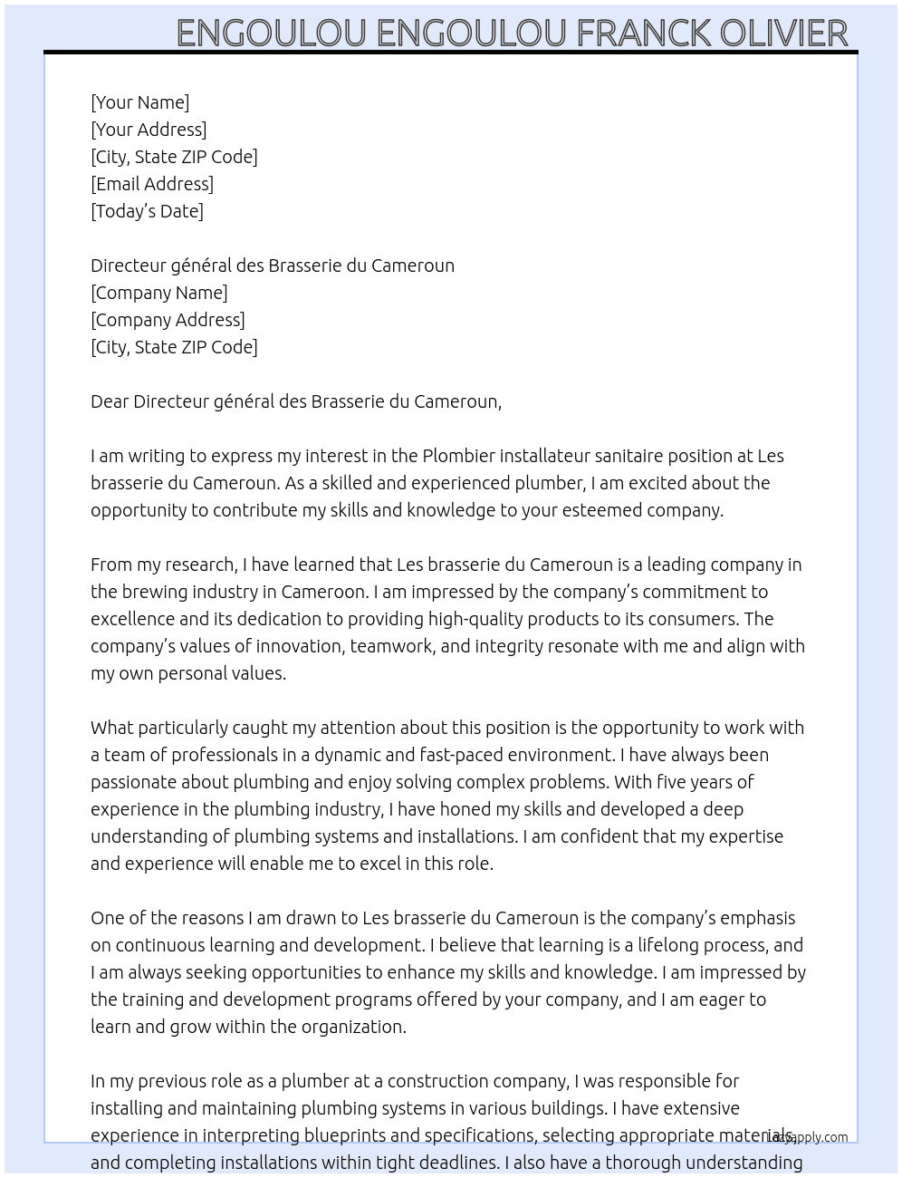 Plombier installateur sanitaire  At Les brasserie du Cameroun  Cover Letter