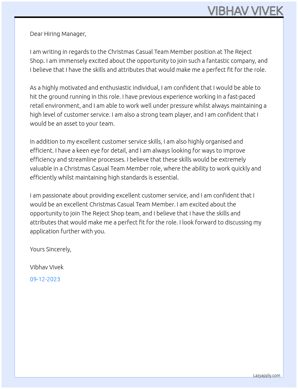 Christmas Casual Team Member  At The Reject Shop Cover Letter