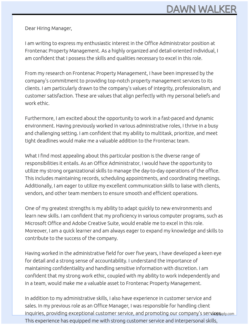 Office Administrator At Frontenac Property Management  Cover Letter
