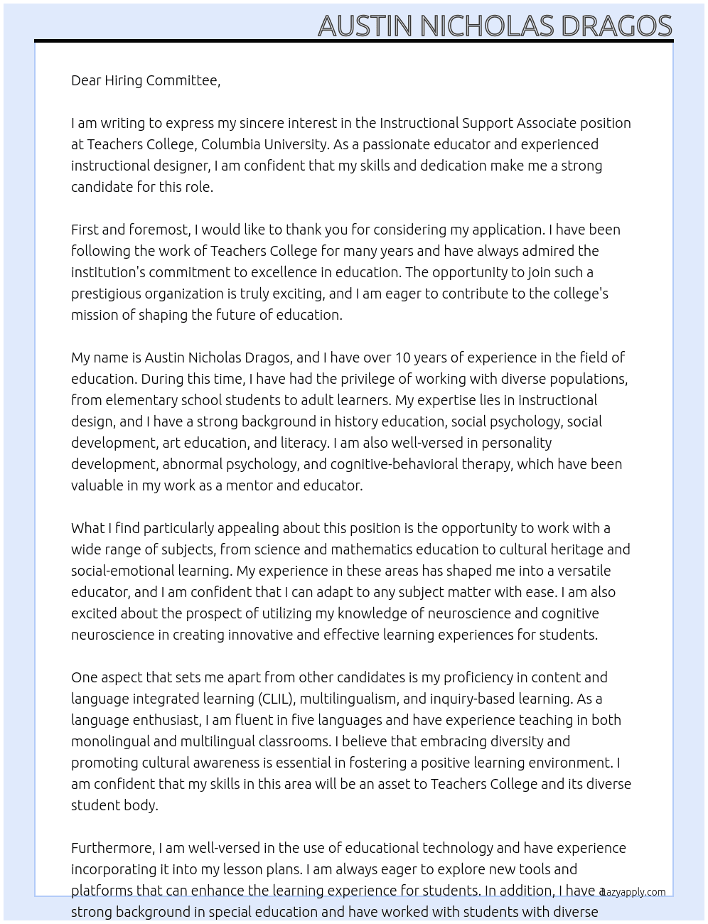 Instructional Support Associate At Teachers College, Columbia University Cover Letter