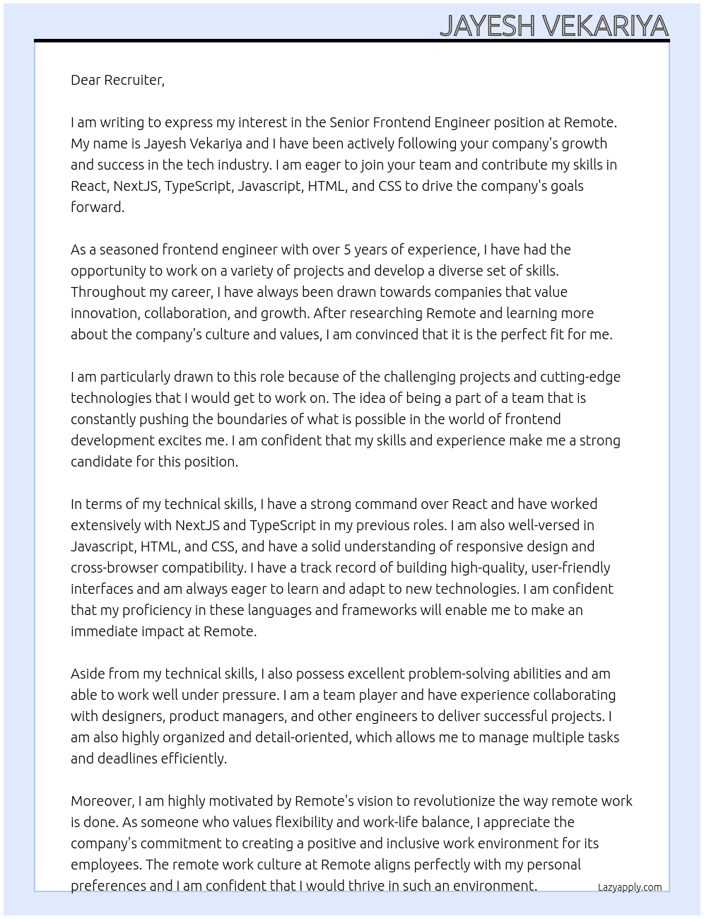 SEnior Frontend Engineer At Remote Cover Letter