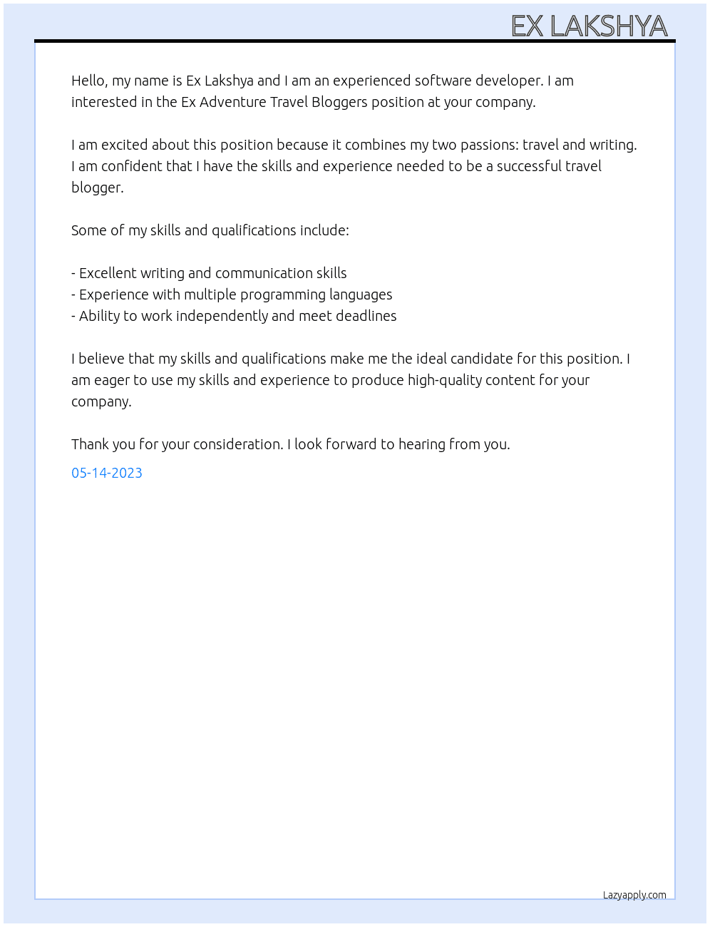 Ex software developer  At Ex your company  Cover Letter