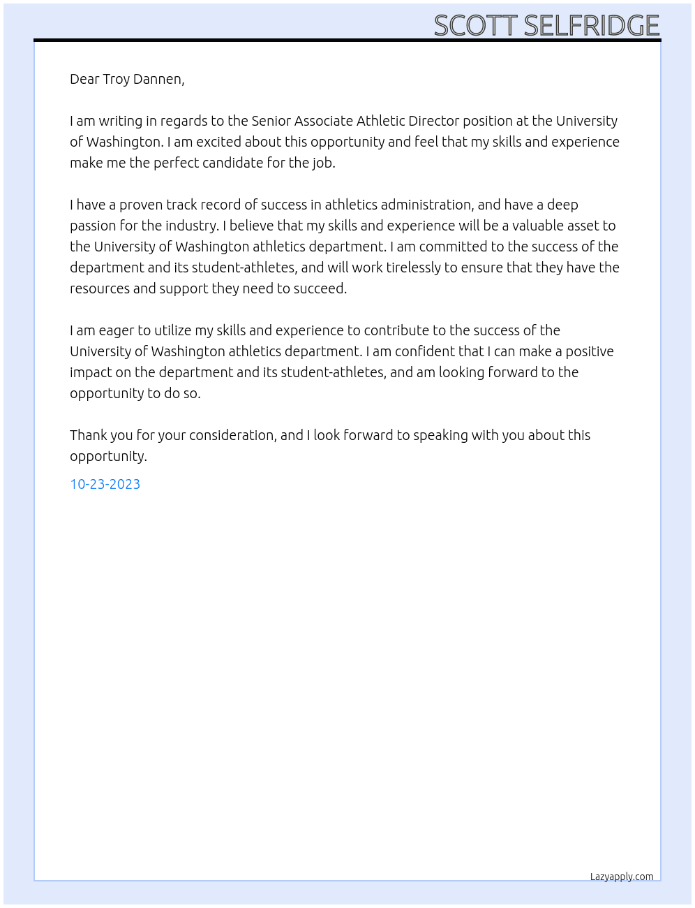 SENIOR ASSOCIATE ATHLETIC DIRECTOR At Univrsity of Washington Cover Letter