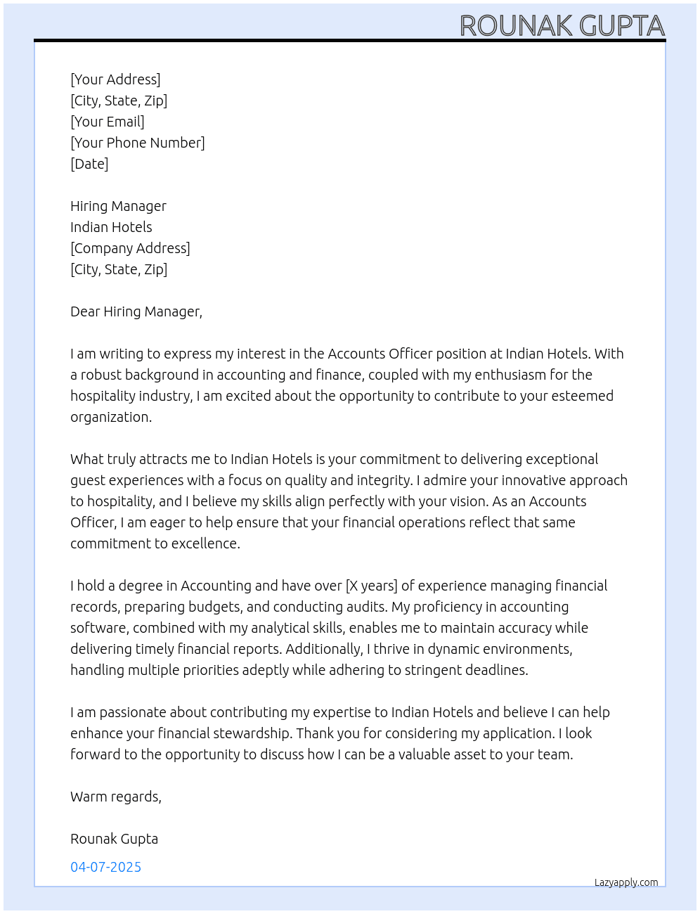 Accounts Officer At Indian Hotels Cover Letter