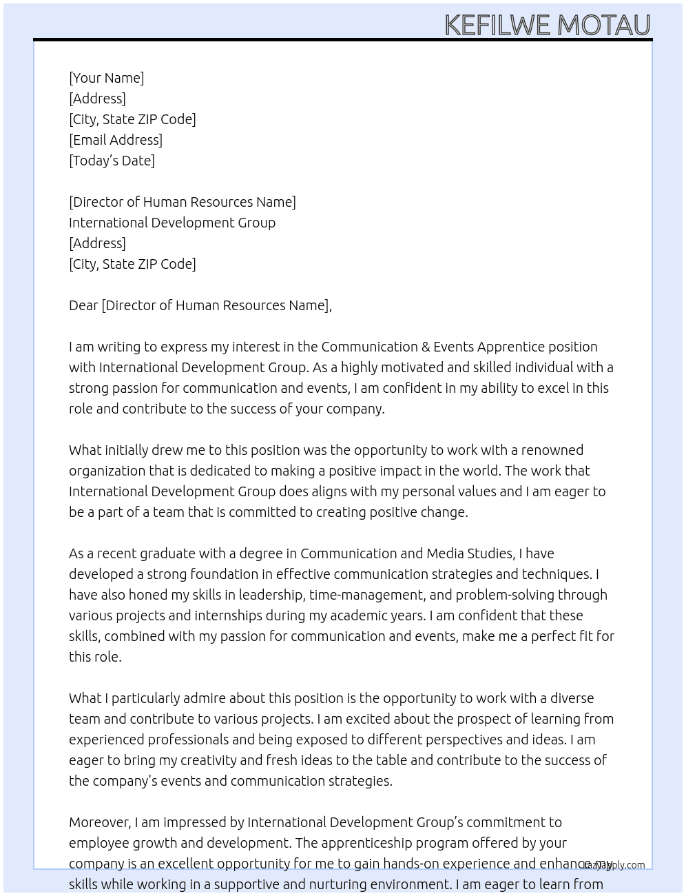 Cover letter for communication & events apprentice - LazyApply