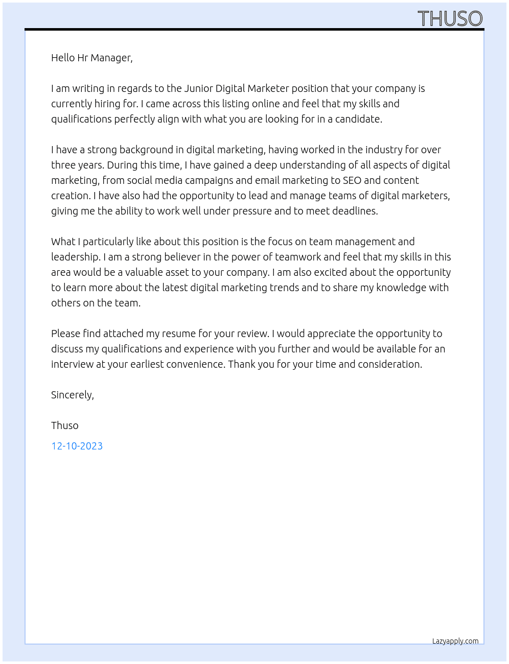 Junior Digital Markerter  At Matric College Cover Letter