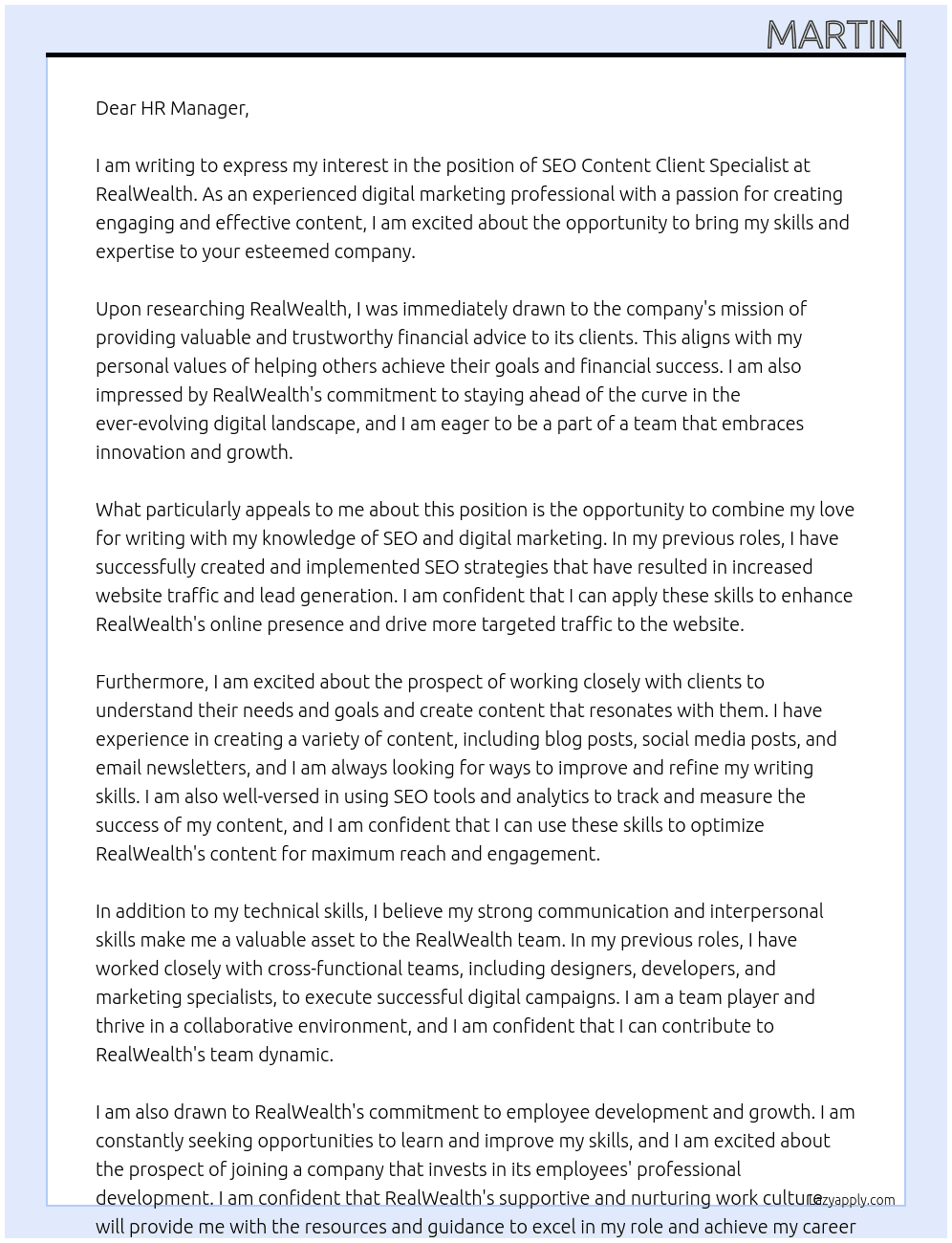 Seo Content Client Specialist At RealWealth Cover Letter
