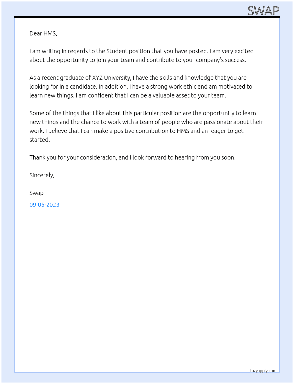 Student At HMS Cover Letter