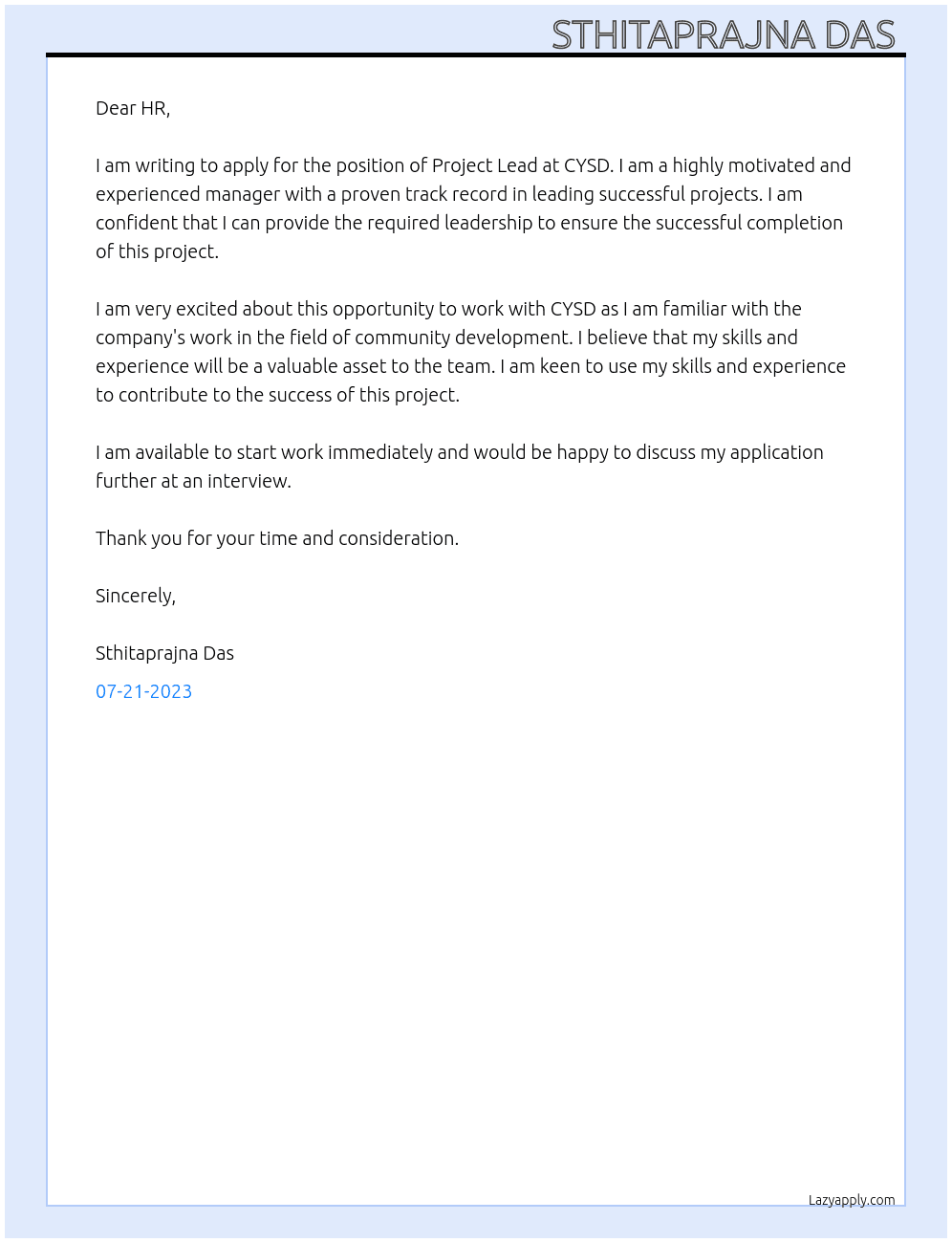 Project Lead  At CYSD Cover Letter