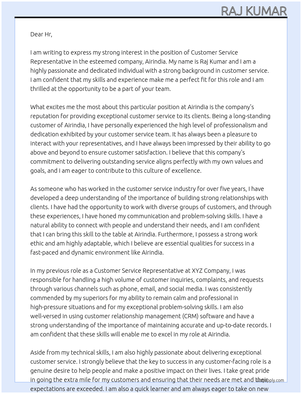 Customer service department  At Airindia  Cover Letter