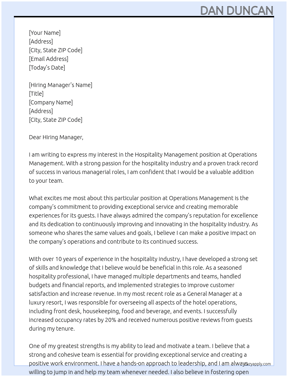 Hospitality Management At Operations Management Cover Letter