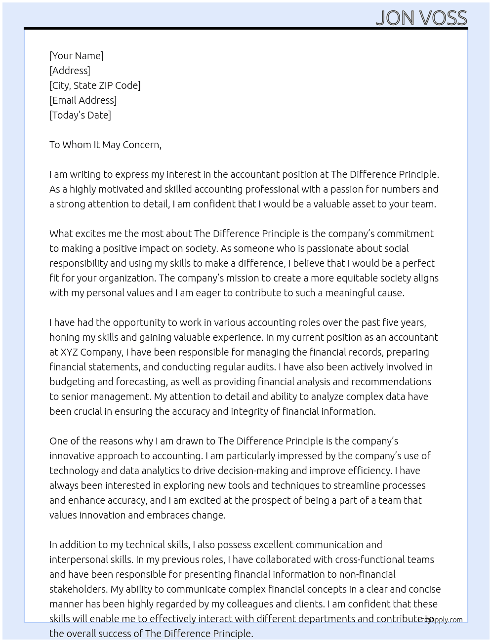 accountant At The Difference Principle  Cover Letter