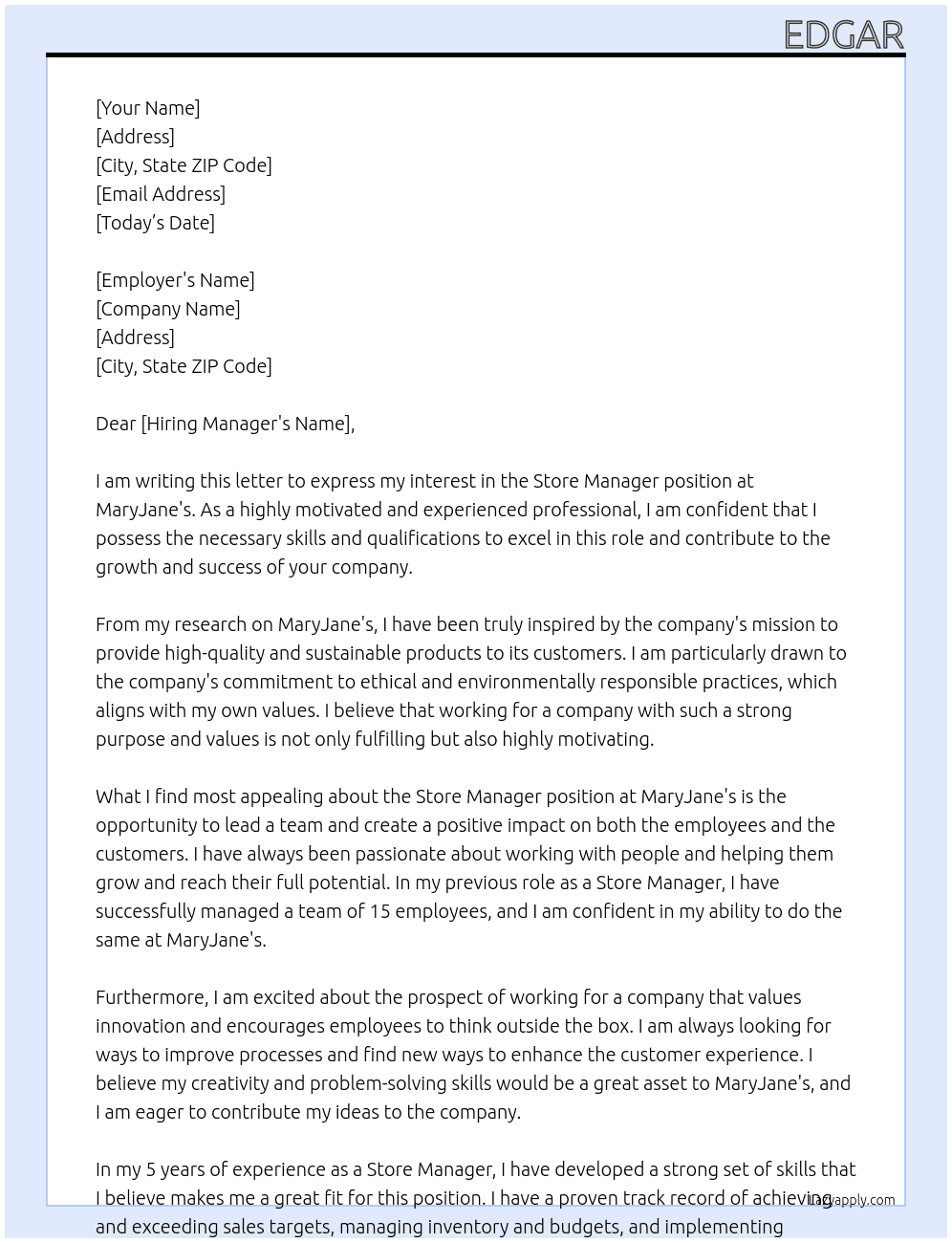 Store Manager At  Employer details MaryJane's  Cover Letter