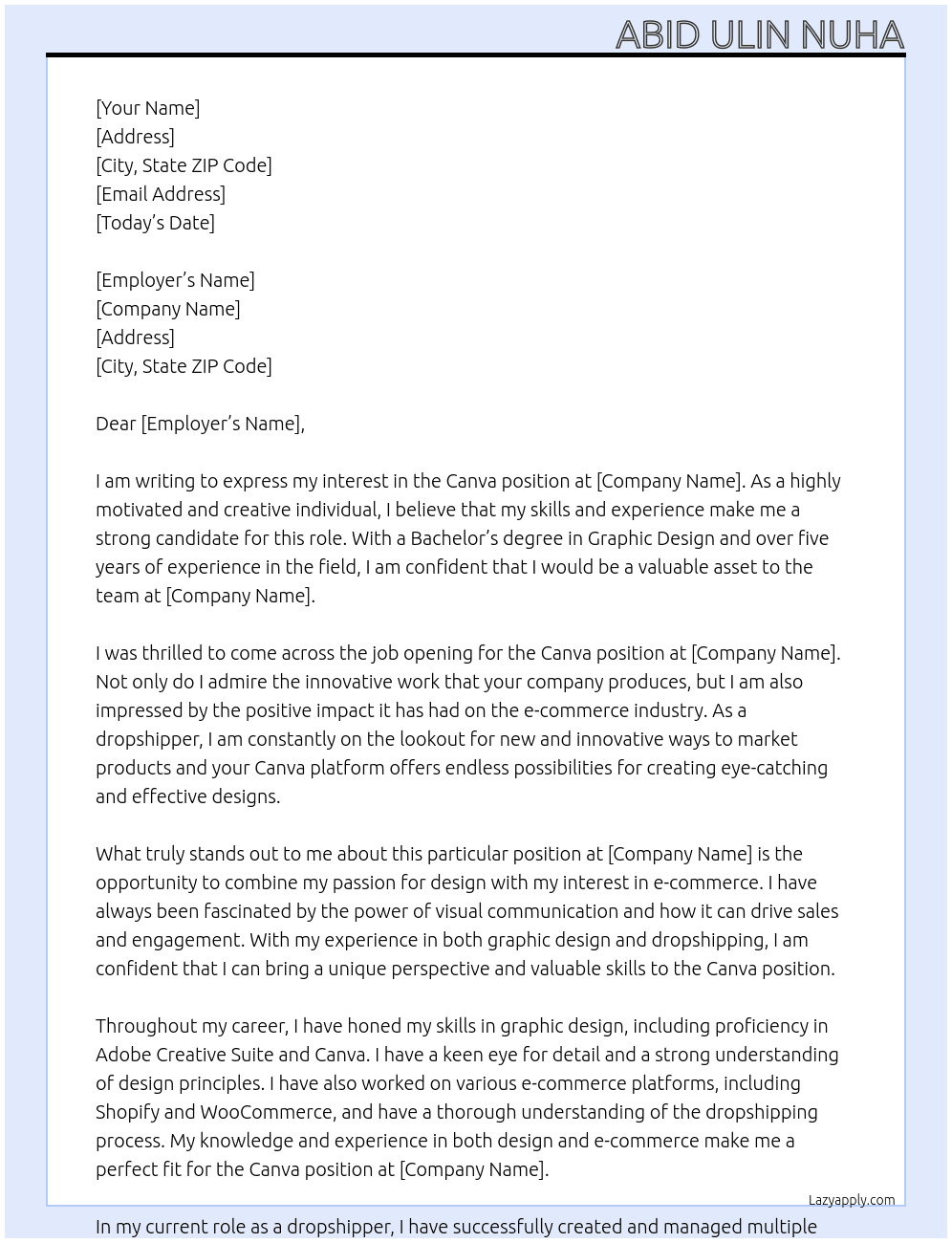Canva At Dropshipper Cover Letter