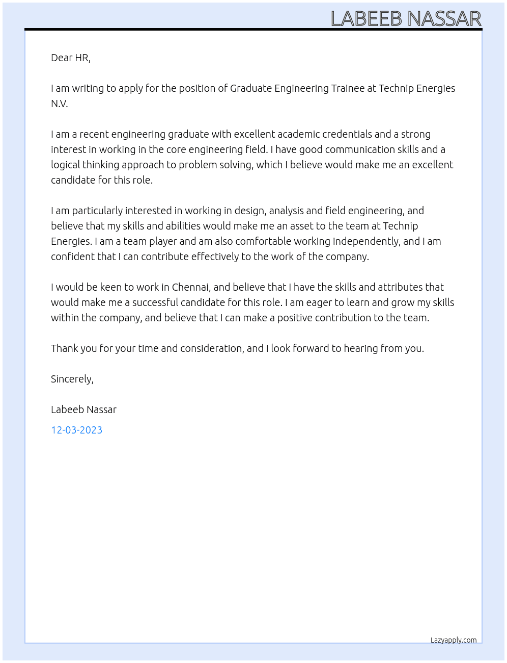 Graduate Engineering Trainee At Technip Energies N.V Cover Letter