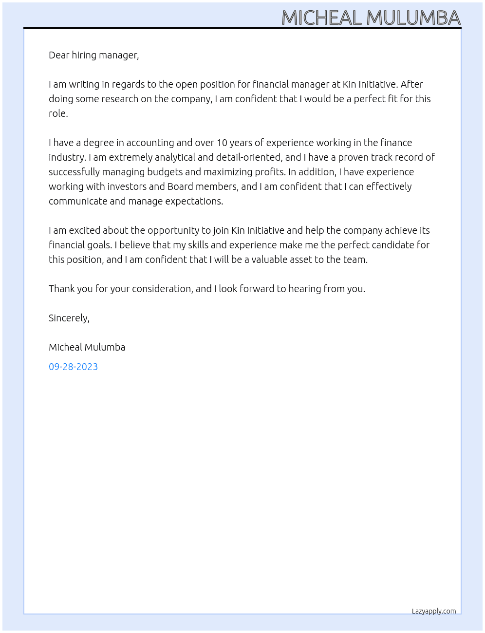 Financial Manager At Kin Initiative Cover Letter
