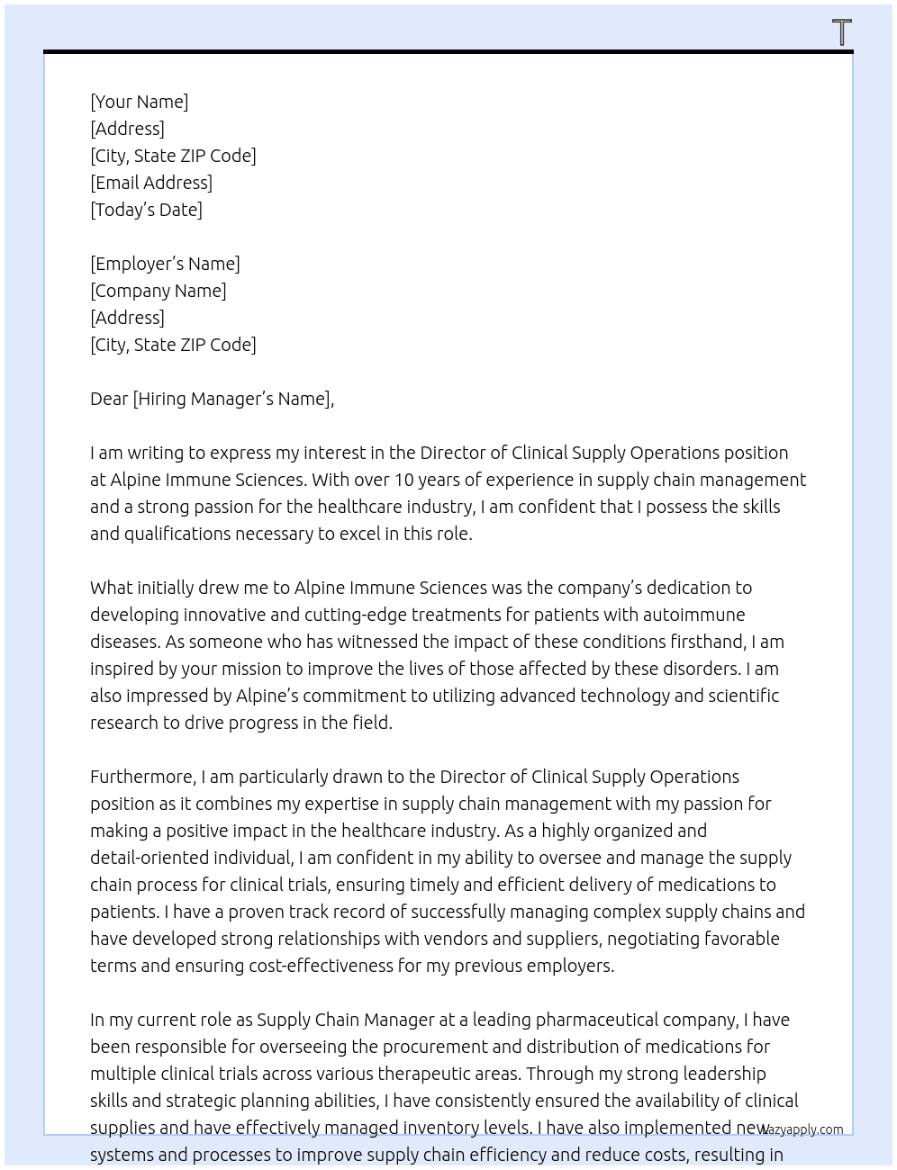 director of clinical supply operations At alpine immune sciences Cover Letter