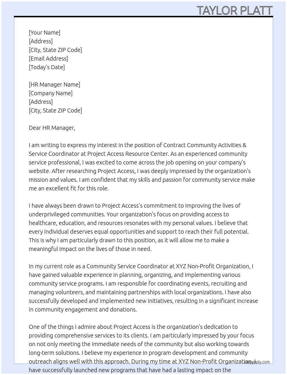Contract Community Activities & Service Coordinator  At Project Access Resource Center Cover Letter