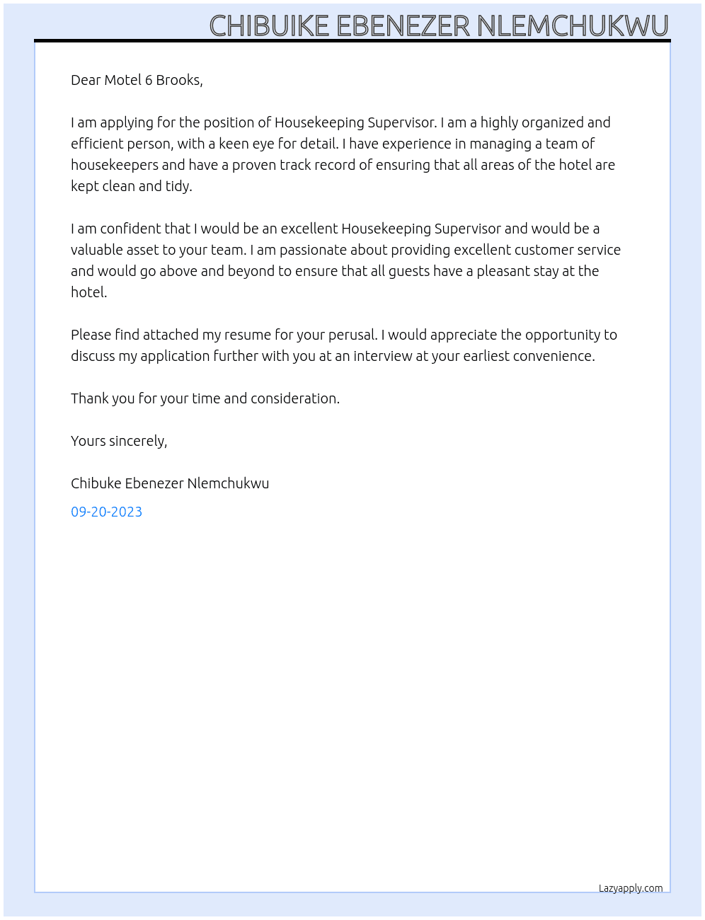 Housekeeping Supervisor At Motel 6 Brooks Cover Letter