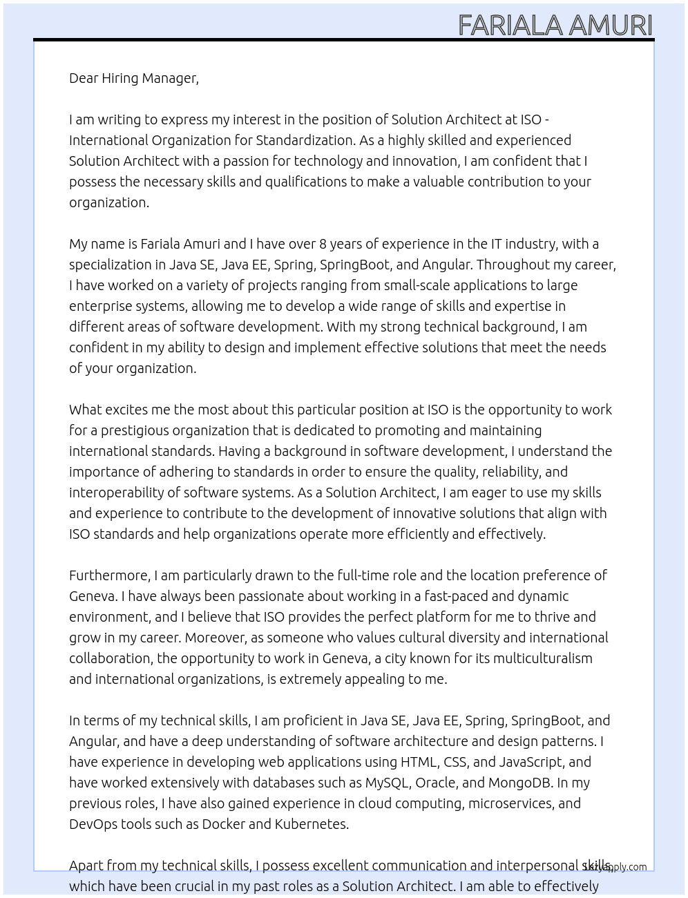 Solution Architect At ISO - International Organization for Standardization Cover Letter