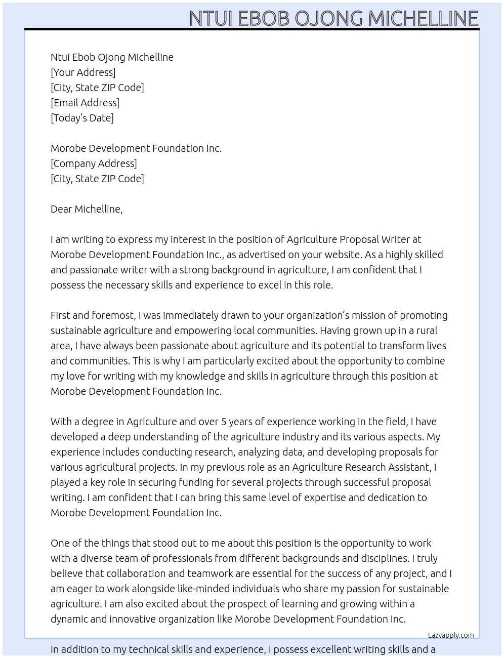 Agriculture proposal writer At Morobe Development Foundation Inc. Cover Letter