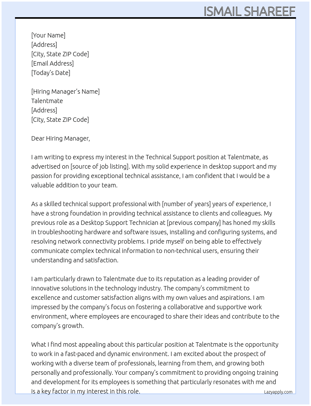 Technical support  At Talentmate Cover Letter