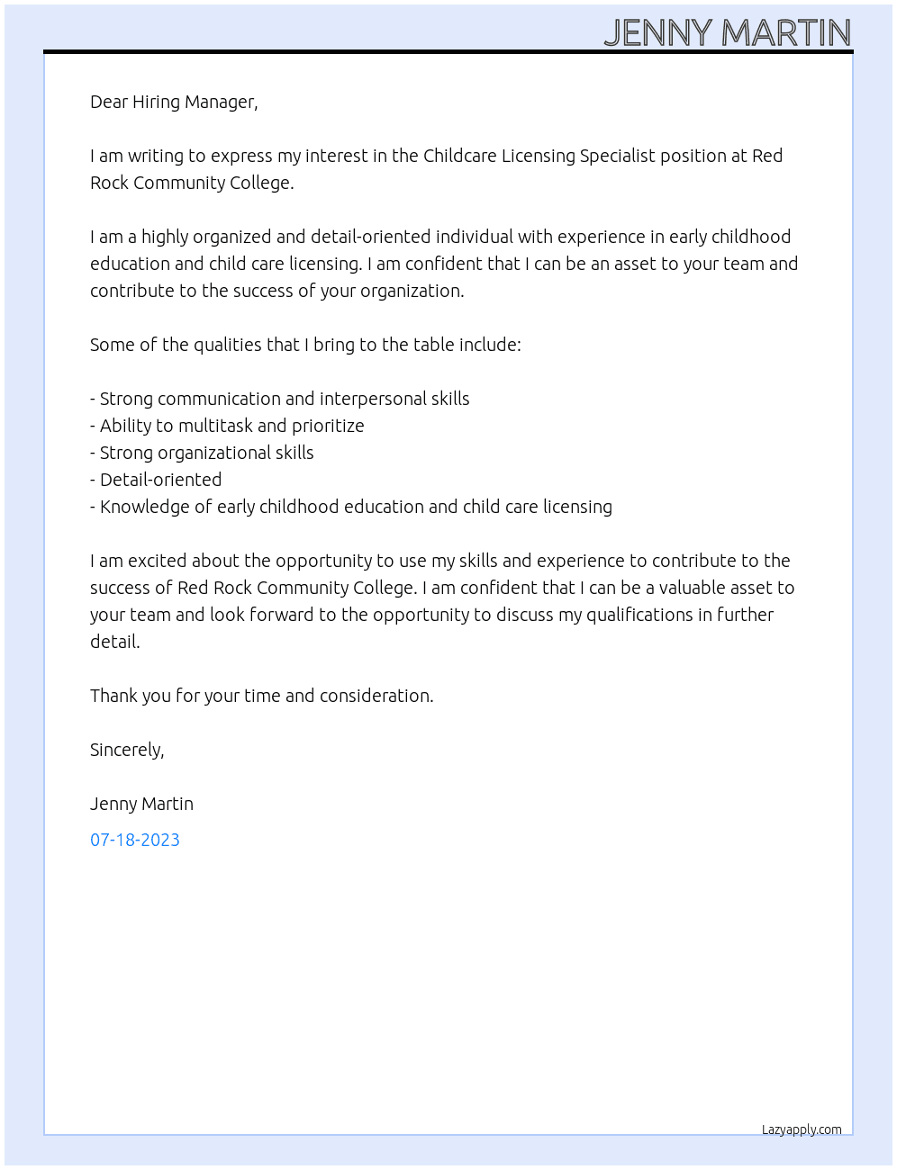 Childcare Licensing Specialist  At Red Rock Community College Cover Letter