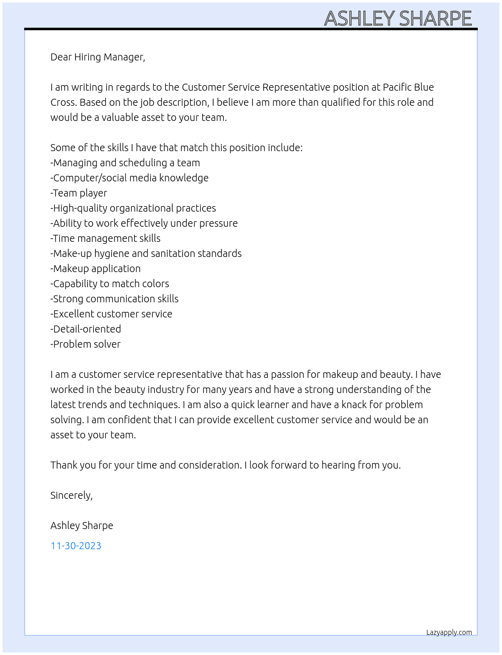 Customer service representative  At Pacific Blue Cross  Cover Letter